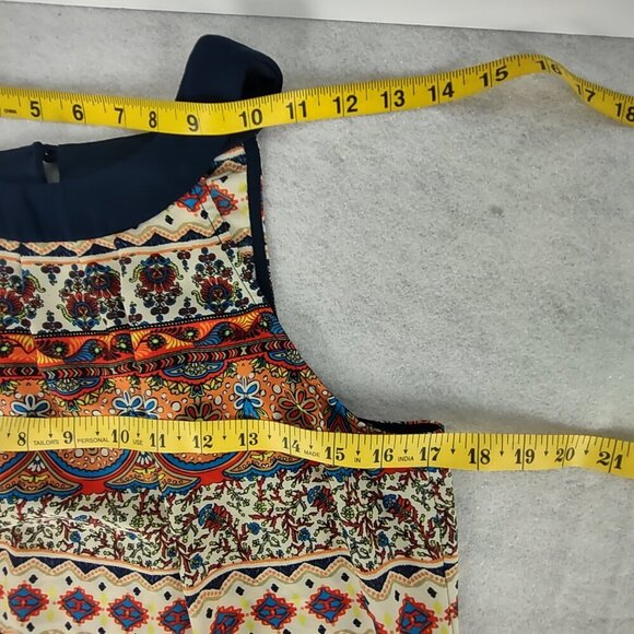 A. Byer Sleeveless Boho Print Shift Dress Navy Trim Keyhole Back Size M - Picture 9 of 13
